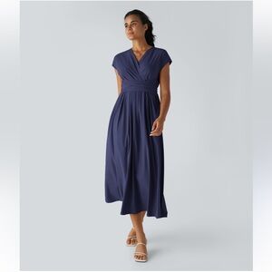 HALARA Breezeful V-Neck Short Sleeve Tie Midi‎ Dress Small Navy Blue